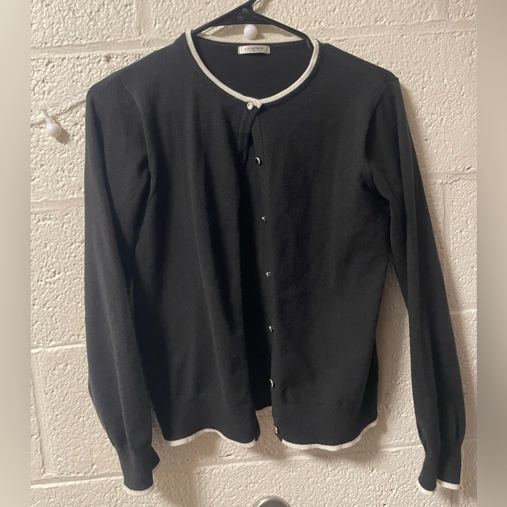 Black Cardigan Sweater with White Trim